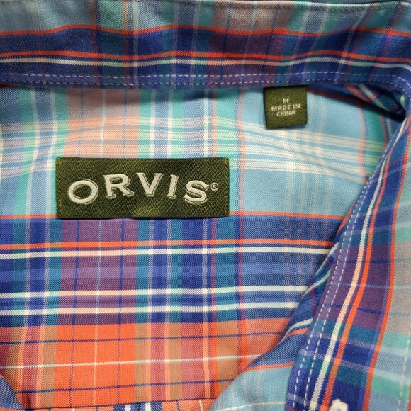 Orvis Button Down Dress Plaid Shirt Wrinkle Free Salmon Dark Blue White Men Sz M - Picture 3 of 10